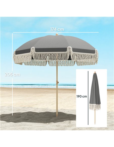 Outsunny 1.7 m Beach Umbrella with Sand Anchor, 30° Tilting Fringed Beach Garden Parasol with Adjustable Height, Grey - pic 189312 | FastDaddyshop
