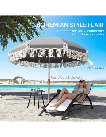 Outsunny 1.7 m Beach Umbrella with Sand Anchor, 30° Tilting Fringed Beach Garden Parasol with Adjustable Height, Grey - pic 189313 | FastDaddyshop