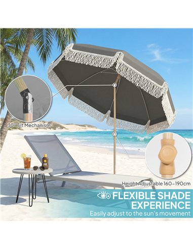 Outsunny 1.7 m Beach Umbrella with Sand Anchor, 30° Tilting Fringed Beach Garden Parasol with Adjustable Height, Grey