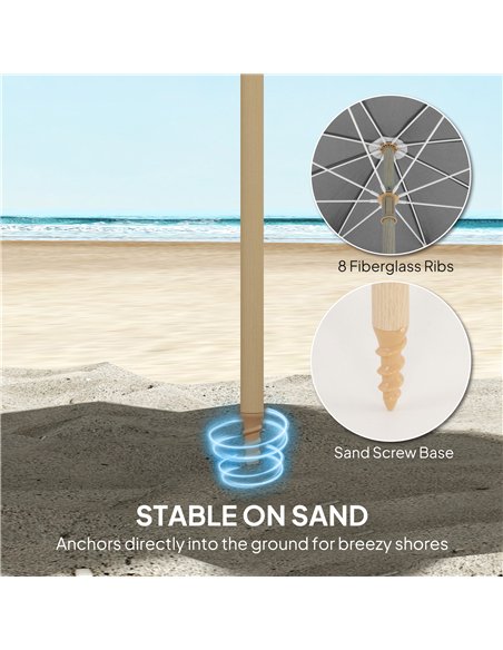 Outsunny 1.7 m Beach Umbrella with Sand Anchor, 30° Tilting Fringed Beach Garden Parasol with Adjustable Height, Grey - pic 189315 | FastDaddyshop