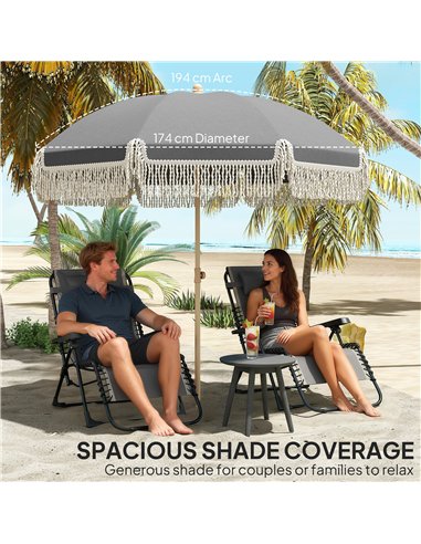 Outsunny 1.7 m Beach Umbrella with Sand Anchor, 30° Tilting Fringed Beach Garden Parasol with Adjustable Height, Grey