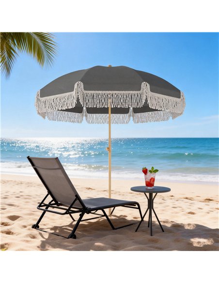 Outsunny 1.7 m Beach Umbrella with Sand Anchor, 30° Tilting Fringed Beach Garden Parasol with Adjustable Height, Grey - pic 189318 | FastDaddyshop
