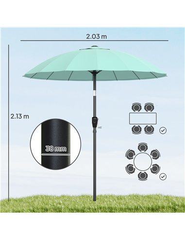 Outsunny 2 m Shanghai Garden Parasol Umbrella with 16 Fibreglass Ribs, Outdoor Parasol Sun Shade with Crank & Tilt, Turquoise