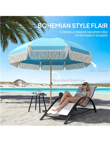 Outsunny 1.7 m Beach Umbrella with Sand Anchor, 30° Tilting Fringed Beach Garden Parasol with Adjustable Height, Grey