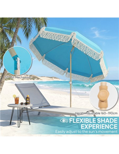 Outsunny 1.7 m Beach Umbrella with Sand Anchor, 30° Tilting Fringed Beach Garden Parasol with Adjustable Height, Grey - pic 189377 | FastDaddyshop