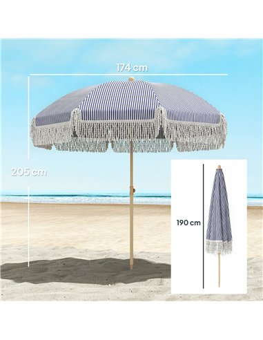 Outsunny 1.7 m Beach Umbrella with Sand Anchor, 30° Tilting Fringed Beach Garden Parasol with Adjustable Height, Blue