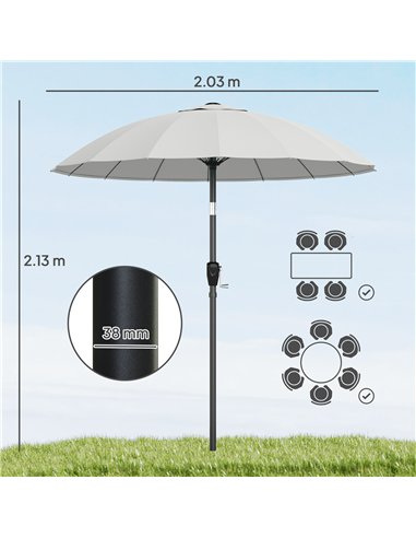 Outsunny 2 m Shanghai Garden Parasol Umbrella with 16 Fibreglass Ribs, Outdoor Parasol Sun Shade with Crank & Tilt, Light Grey