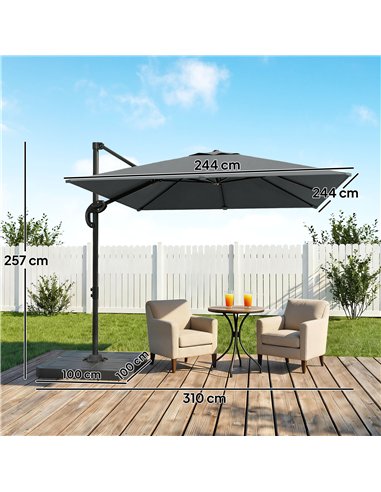Outsunny 2.4 x 2.4m Cantilever Parasol with Umbrella Weights, UPF50+ Offset Outdoor Umbrella w/ Easy Tilt Adjustment, Dark Grey