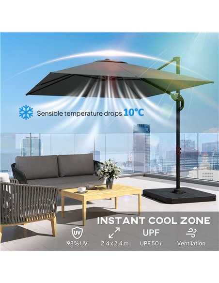 Outsunny 2.4 x 2.4m Cantilever Parasol with Umbrella Weights, UPF50+ Offset Outdoor Umbrella w/ Easy Tilt Adjustment, Dark Grey - pic 189404 | FastDaddyshop