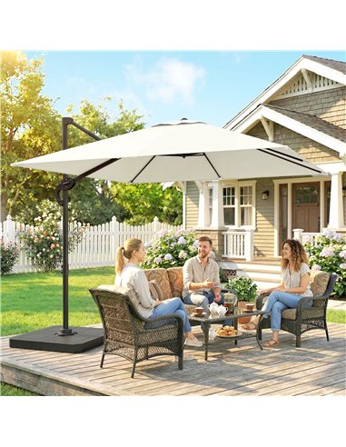 Outsunny 2.4 x 2.4m Cantilever Parasol with Umbrella Weights, UPF50+ Offset Outdoor Umbrella w/ Easy Tilt Adjustment, Cream Whit