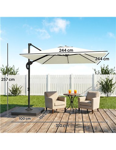 Outsunny 2.4 x 2.4m Cantilever Parasol with Umbrella Weights, UPF50+ Offset Outdoor Umbrella w/ Easy Tilt Adjustment, Cream Whit