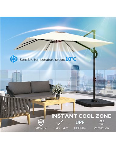 Outsunny 2.4 x 2.4m Cantilever Parasol with Umbrella Weights, UPF50+ Offset Outdoor Umbrella w/ Easy Tilt Adjustment, Cream Whit