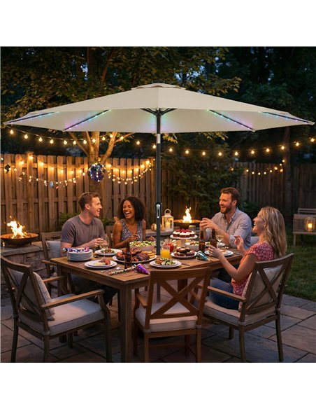 Outsunny 3 m Garden Parasol Umbrella with 112 Solar Powered LED Lights, Patio Umbrella with Crank Handle, Beige - pic 189419 | FastDaddyshop