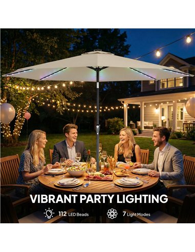 Outsunny 3 m Garden Parasol Umbrella with 112 Solar Powered LED Lights, Patio Umbrella with Crank Handle, Beige
