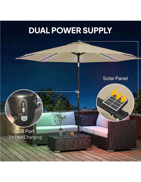 Outsunny 3 m Garden Parasol Umbrella with 112 Solar Powered LED Lights, Patio Umbrella with Crank Handle, Beige - pic 189422 | FastDaddyshop