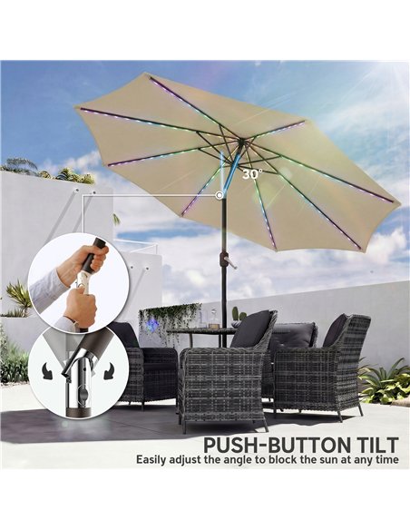 Outsunny 3 m Garden Parasol Umbrella with 112 Solar Powered LED Lights, Patio Umbrella with Crank Handle, Beige - pic 189425 | FastDaddyshop