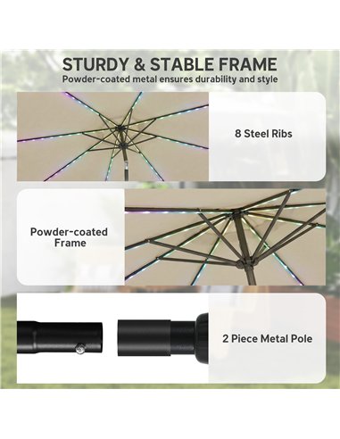 Outsunny 3 m Garden Parasol Umbrella with 112 Solar Powered LED Lights, Patio Umbrella with Crank Handle, Beige