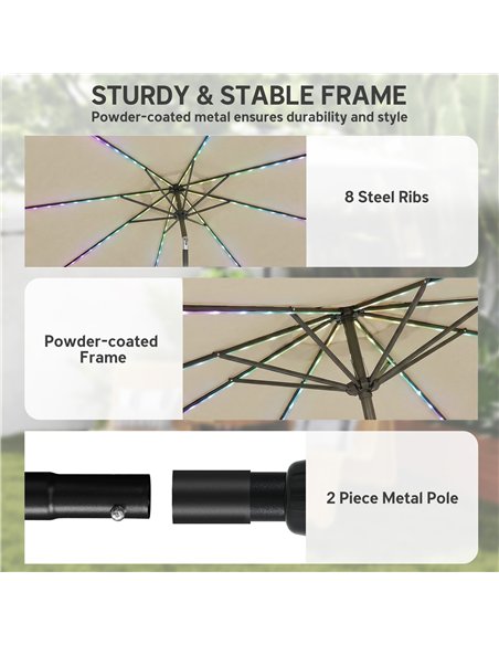 Outsunny 3 m Garden Parasol Umbrella with 112 Solar Powered LED Lights, Patio Umbrella with Crank Handle, Beige - pic 189426 | FastDaddyshop