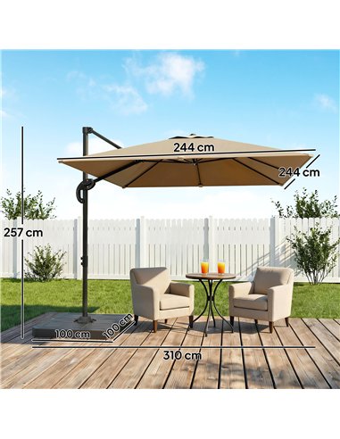 Outsunny 2.4 x 2.4 m Cantilever Parasol with Umbrella Weights, UPF50+ Offset Outdoor Umbrella w/ Easy Tilt Adjustment, Khaki