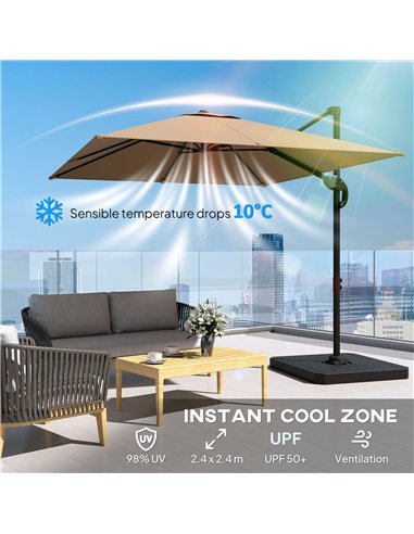 Outsunny 2.4 x 2.4 m Cantilever Parasol with Umbrella Weights, UPF50+ Offset Outdoor Umbrella w/ Easy Tilt Adjustment, Khaki