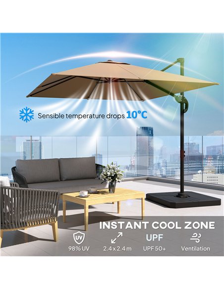 Outsunny 2.4 x 2.4 m Cantilever Parasol with Umbrella Weights, UPF50+ Offset Outdoor Umbrella w/ Easy Tilt Adjustment, Khaki - pic 189431 | FastDaddyshop