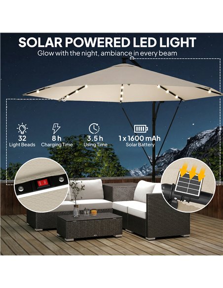 Outsunny 3 m Cantilever Parasol with Solar LED Lights Garden Umbrella with Cross Base, Cream White - pic 189439 | FastDaddyshop