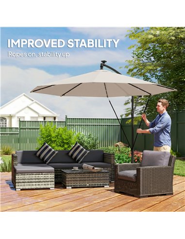 Outsunny 3 m Cantilever Parasol with Solar LED Lights Garden Umbrella with Cross Base, Cream White