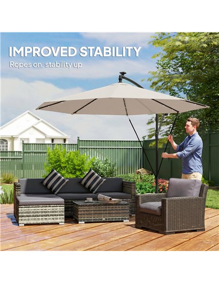 Outsunny 3 m Cantilever Parasol with Solar LED Lights Garden Umbrella with Cross Base, Cream White - pic 189440 | FastDaddyshop