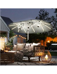 Outsunny 3 m Double-Sided Garden Parasol with LED Solar Lights, Tilt, Outdoor Extra Large Sun Umbrella with Crank Handle, Grey 2