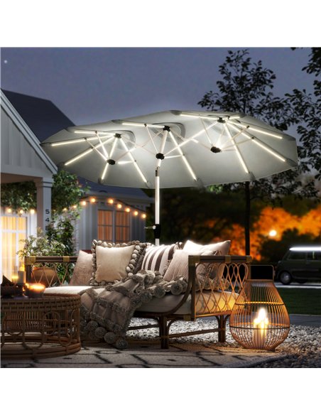 Outsunny 3 m Double-Sided Garden Parasol with LED Solar Lights, Tilt, Outdoor Extra Large Sun Umbrella with Crank Handle, Grey - pic 189446 | FastDaddyshop
