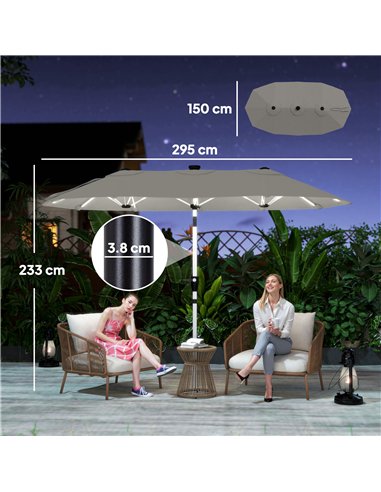 Outsunny 3 m Double-Sided Garden Parasol with LED Solar Lights, Tilt, Outdoor Extra Large Sun Umbrella with Crank Handle, Grey