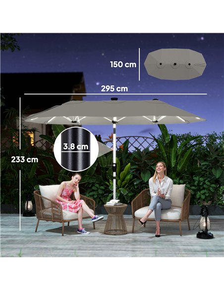 Outsunny 3 m Double-Sided Garden Parasol with LED Solar Lights, Tilt, Outdoor Extra Large Sun Umbrella with Crank Handle, Grey - pic 189447 | FastDaddyshop