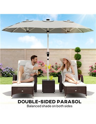Outsunny 3 m Double-Sided Garden Parasol with LED Solar Lights, Tilt, Outdoor Extra Large Sun Umbrella with Crank Handle, Grey