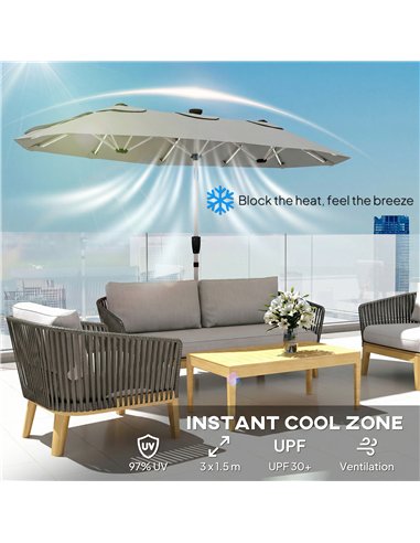 Outsunny 3 m Double-Sided Garden Parasol with LED Solar Lights, Tilt, Outdoor Extra Large Sun Umbrella with Crank Handle, Grey