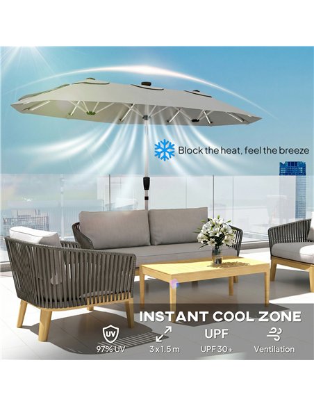 Outsunny 3 m Double-Sided Garden Parasol with LED Solar Lights, Tilt, Outdoor Extra Large Sun Umbrella with Crank Handle, Grey - pic 189450 | FastDaddyshop