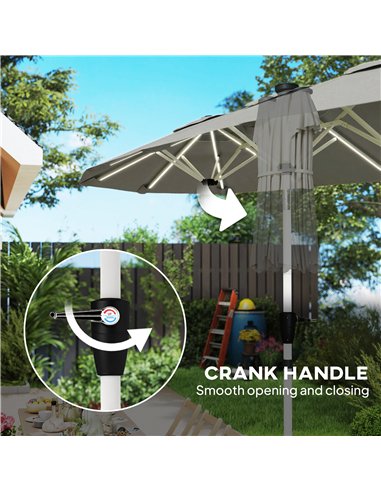 Outsunny 3 m Double-Sided Garden Parasol with LED Solar Lights, Tilt, Outdoor Extra Large Sun Umbrella with Crank Handle, Grey