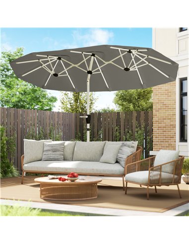 Outsunny 3 m Double-Sided Garden Parasol with LED Solar Lights, Tilt, Outdoor Extra Large Sun Umbrella with Crank Handle, Grey
