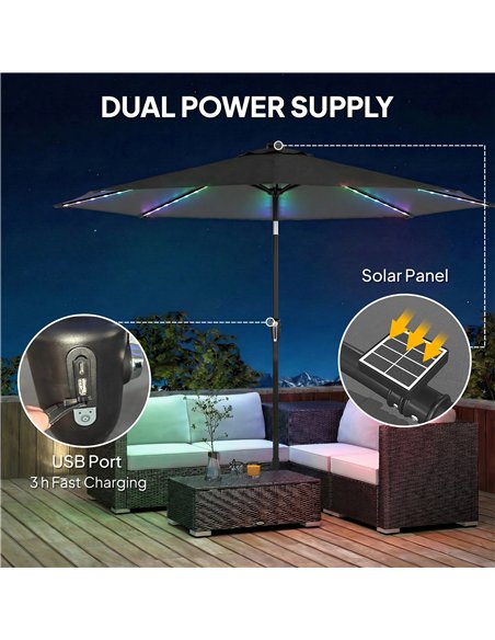 Outsunny 3 m Garden Parasol Umbrella with 112 Solar Powered LED Lights, Patio Umbrella with Crank Handle, Grey - pic 189458 | FastDaddyshop