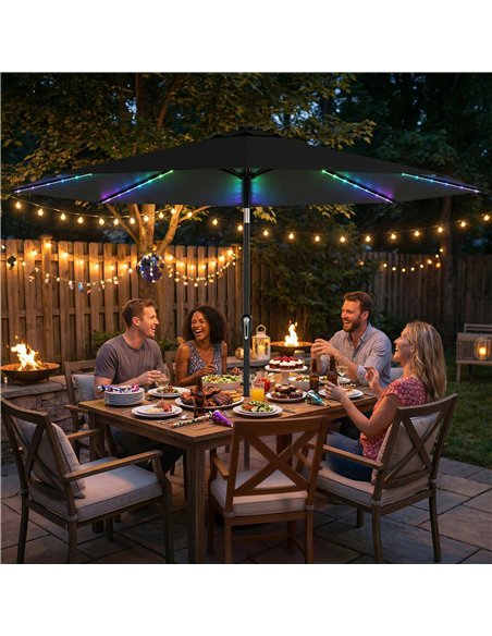 Outsunny 3 m Garden Parasol Umbrella with 112 Solar Powered LED Lights, Patio Umbrella with Crank Handle, Black - pic 189464 | FastDaddyshop