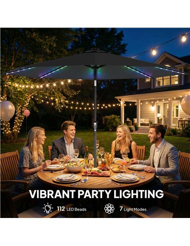 Outsunny 3 m Garden Parasol Umbrella with 112 Solar Powered LED Lights, Patio Umbrella with Crank Handle, Black