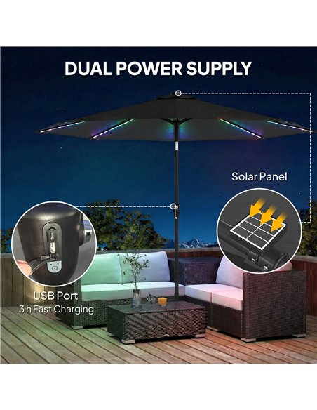 Outsunny 3 m Garden Parasol Umbrella with 112 Solar Powered LED Lights, Patio Umbrella with Crank Handle, Black - pic 189467 | FastDaddyshop