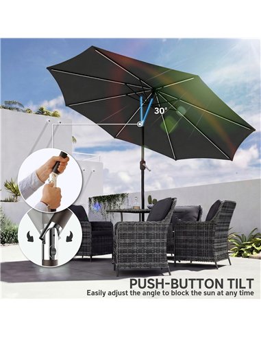 Outsunny 3 m Garden Parasol Umbrella with 112 Solar Powered LED Lights, Patio Umbrella with Crank Handle, Black