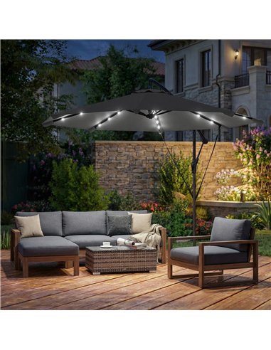 Outsunny 3 m Cantilever Parasol with Solar LED Lights Garden Umbrella with Cross Base, Black
