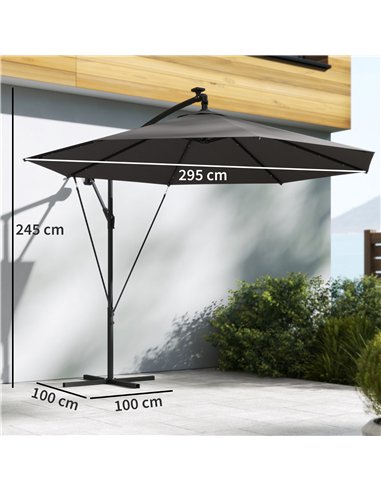 Outsunny 3 m Cantilever Parasol with Solar LED Lights Garden Umbrella with Cross Base, Black