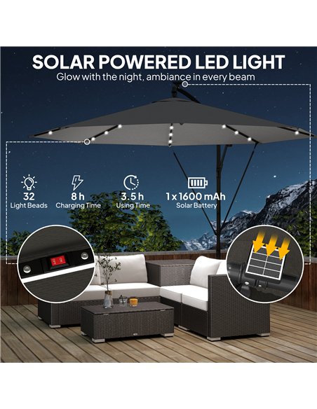Outsunny 3 m Cantilever Parasol with Solar LED Lights Garden Umbrella with Cross Base, Black - pic 189475 | FastDaddyshop