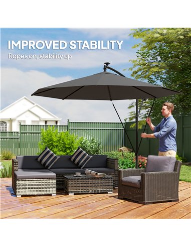 Outsunny 3 m Cantilever Parasol with Solar LED Lights Garden Umbrella with Cross Base, Black