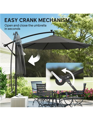 Outsunny 3 m Cantilever Parasol with Solar LED Lights Garden Umbrella with Cross Base, Black