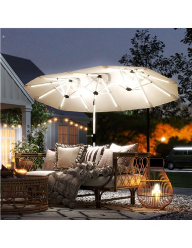 Outsunny 3 m Double-Sided Garden Parasol with LED Solar Lights, Tilt, Outdoor Extra Large Sun Umbrella with Crank Handle, Cream