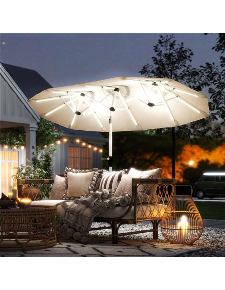 Outsunny 3 m Double-Sided Garden Parasol with LED Solar Lights, Tilt, Outdoor Extra Large Sun Umbrella with Crank Handle, Cream - pic 189482 | FastDaddyshop