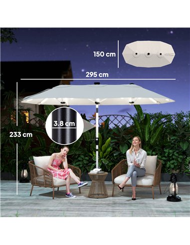 Outsunny 3 m Double-Sided Garden Parasol with LED Solar Lights, Tilt, Outdoor Extra Large Sun Umbrella with Crank Handle, Cream